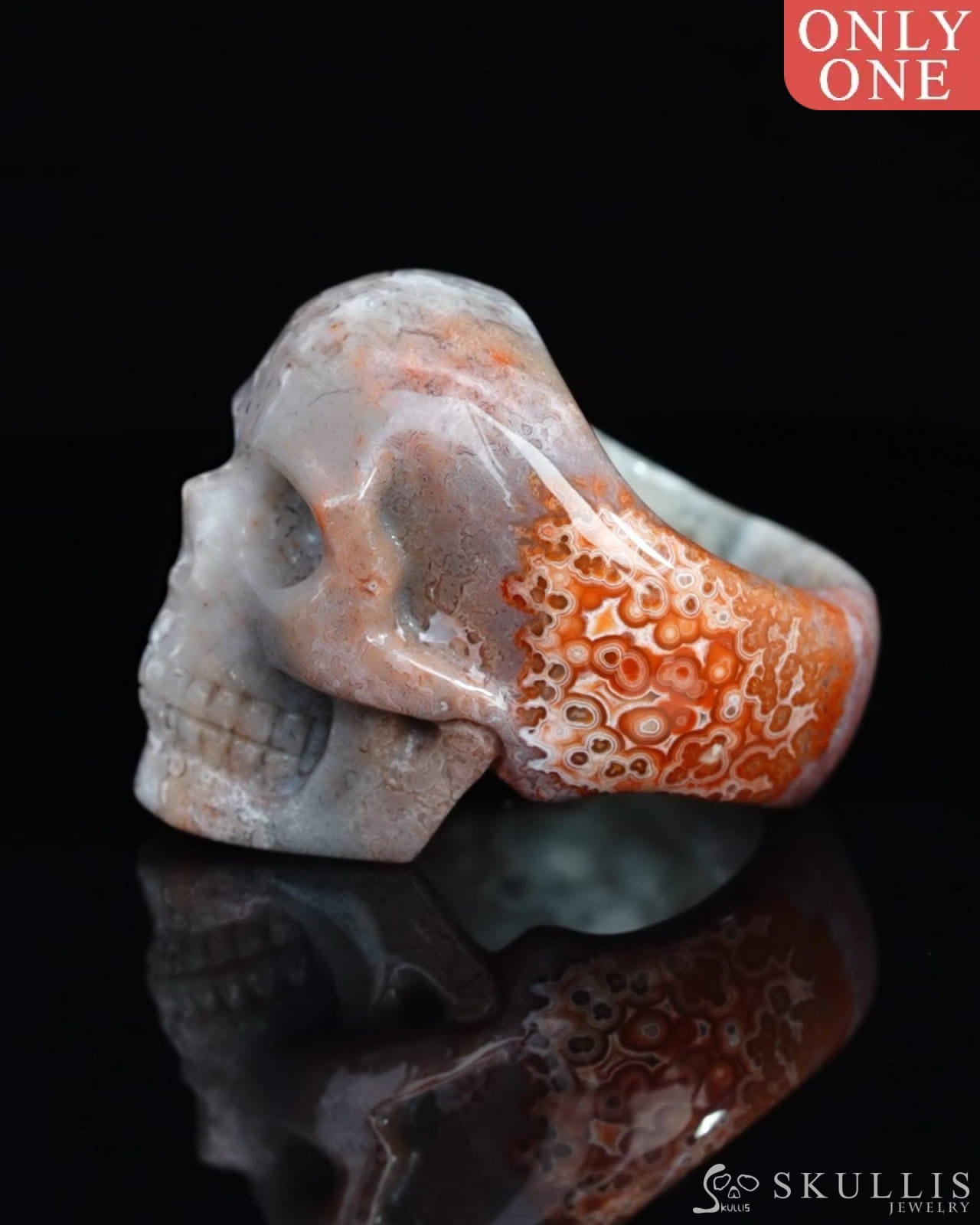 Gem Skull Ring of Red Crazy Lace Agate Carved Skull US size 12 - 9500196 Skull Rings