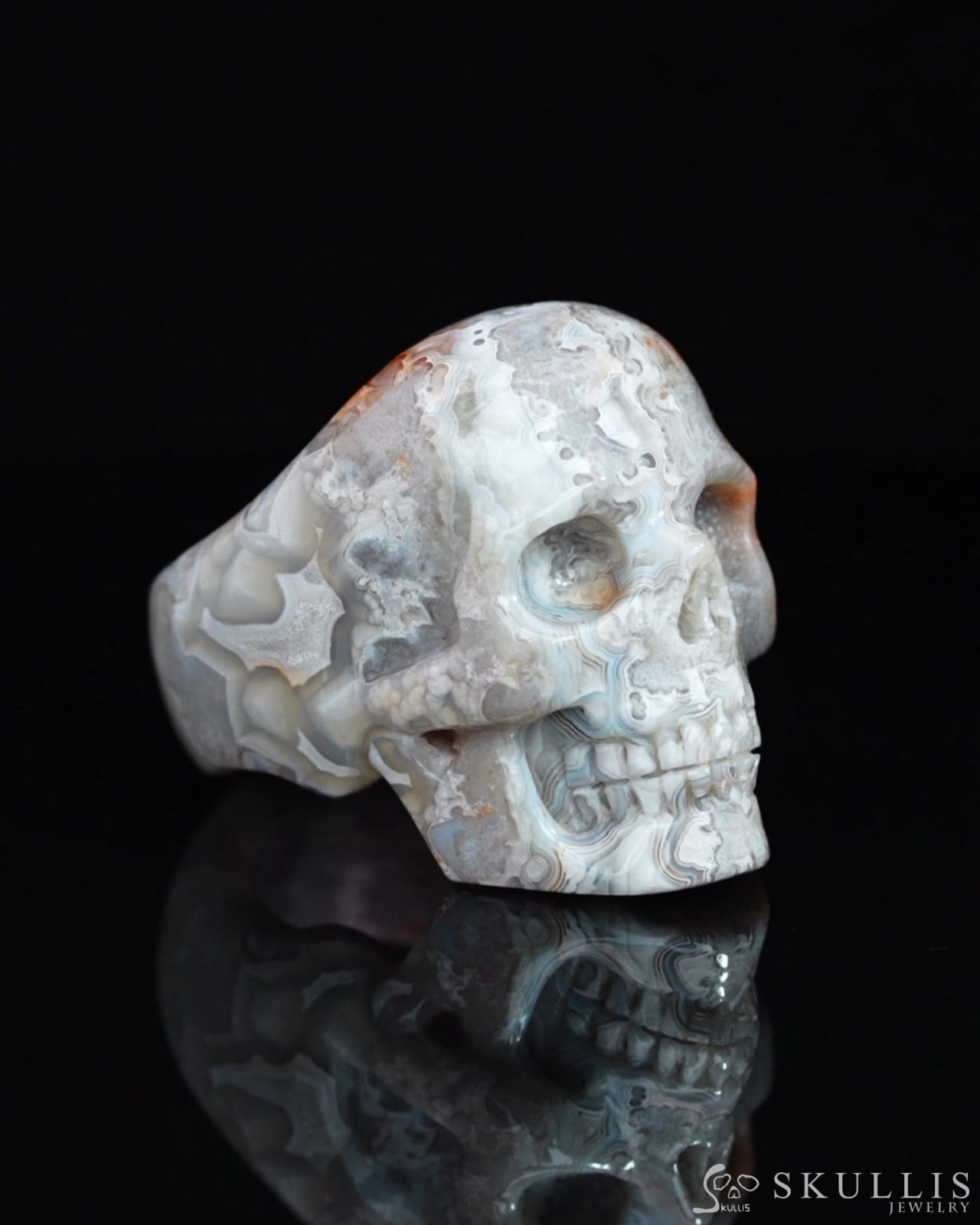 Gem Skull Ring of Red Crazy Lace Agate Carved Skull US size 12 - 9500196 Skull Rings