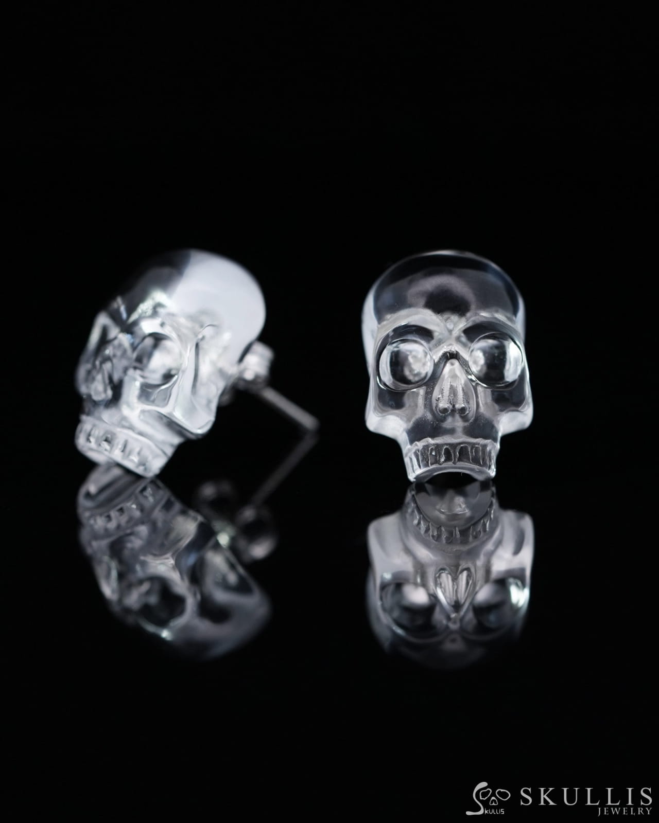 Gem Skull Earrings of Quartz Rock Crystal Carved Skull 925 Sterling Silver - 9800162 One of a Kind