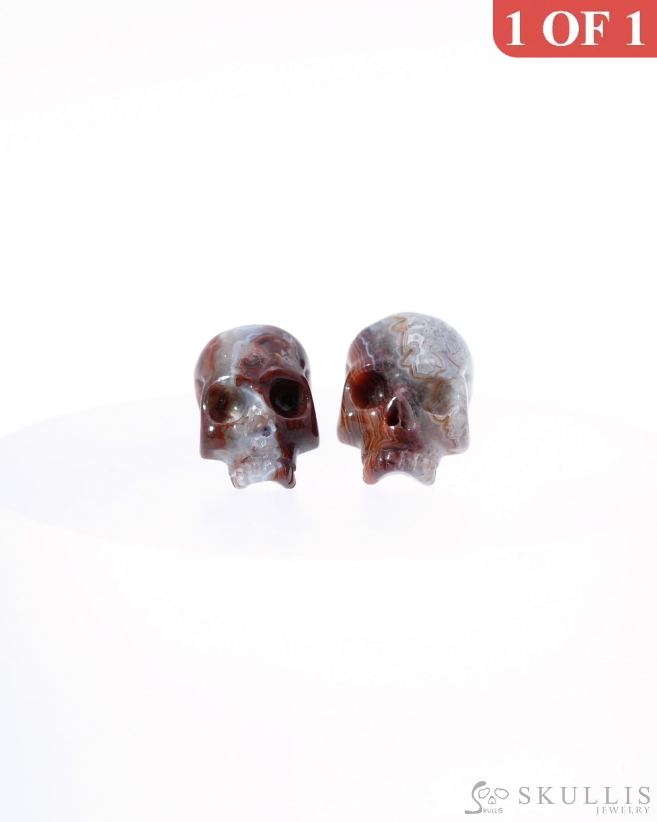 Gem Skull Earrings of Red Crazy Lace Agate Carved Skull 925 Sterling Silver - 9500185 One of a Kind