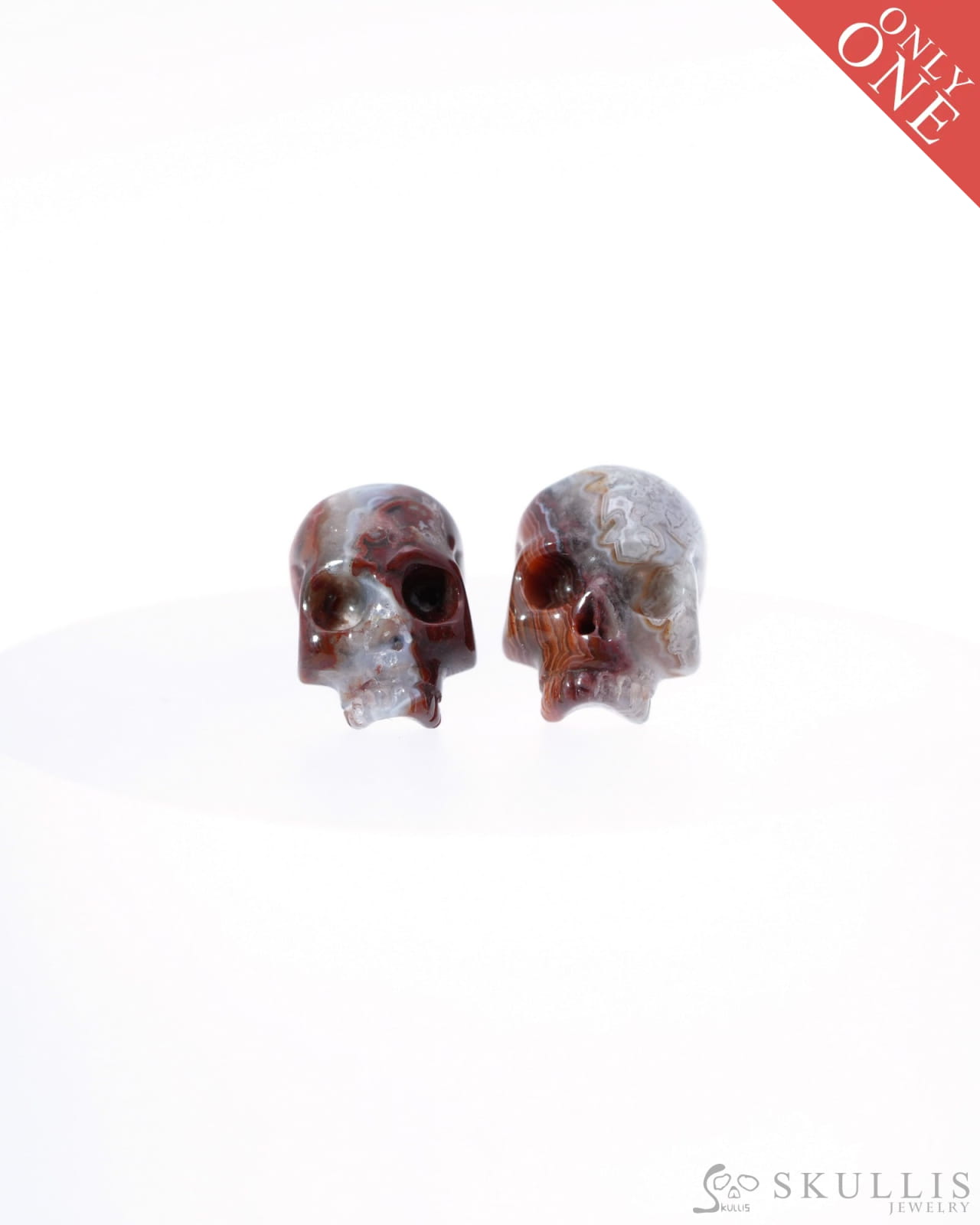 Gem Skull Earrings of Red Crazy Lace Agate Carved Skull 925 Sterling Silver - 9500185 One of a Kind