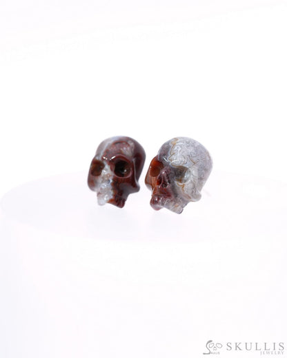 Gem Skull Earrings of Red Crazy Lace Agate Carved Skull 925 Sterling Silver - 9500185 One of a Kind