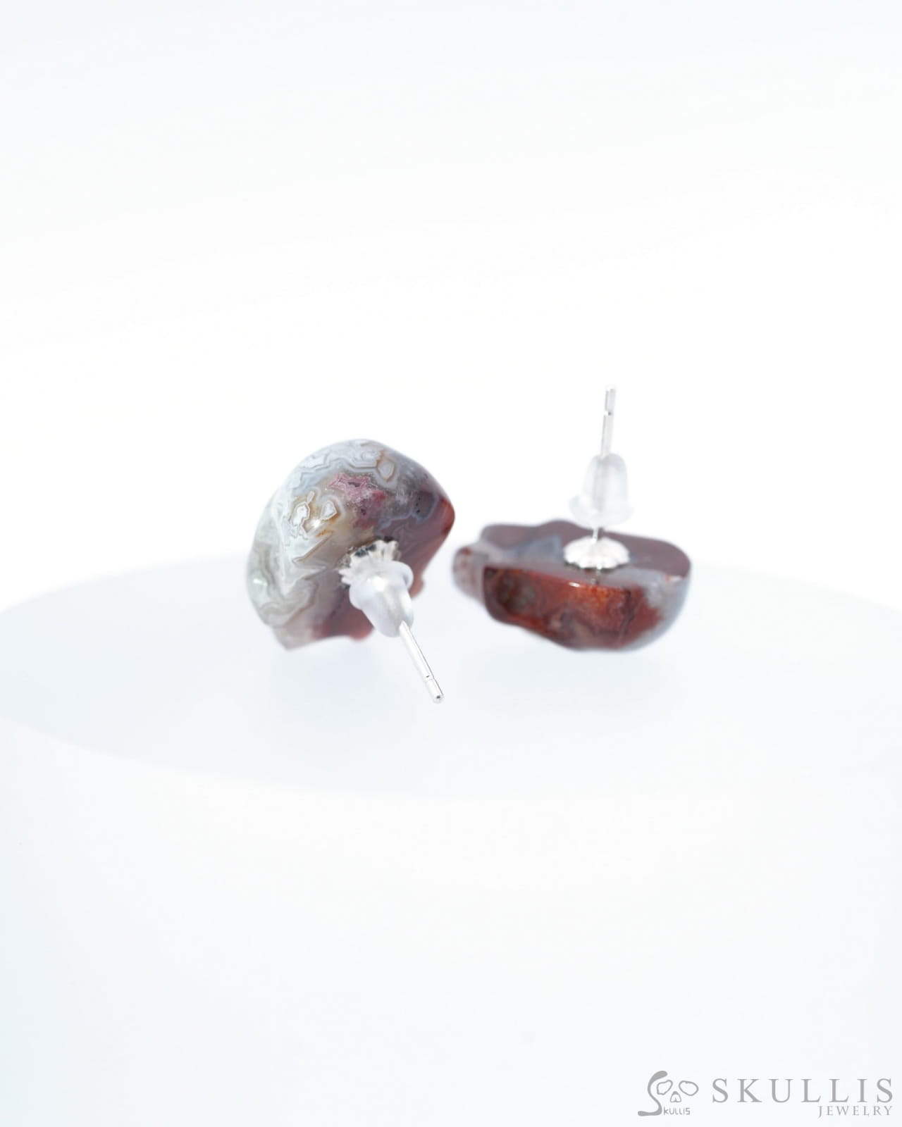 Gem Skull Earrings of Red Crazy Lace Agate Carved Skull 925 Sterling Silver - 9500185 One of a Kind