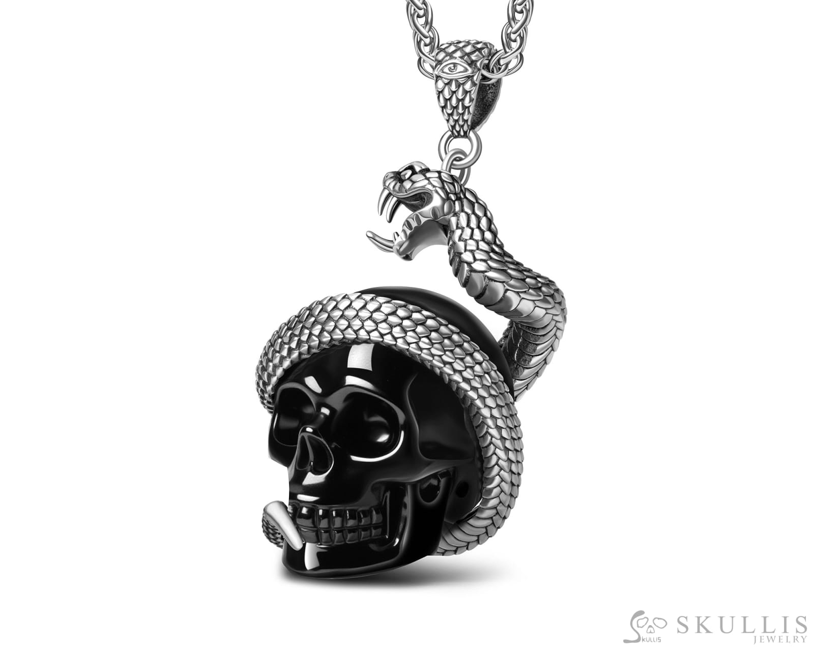 Gem Skull Pendant Necklace of Black Obsidian Carved Skull with 925 Sterling Silver Snake Skull Pendants