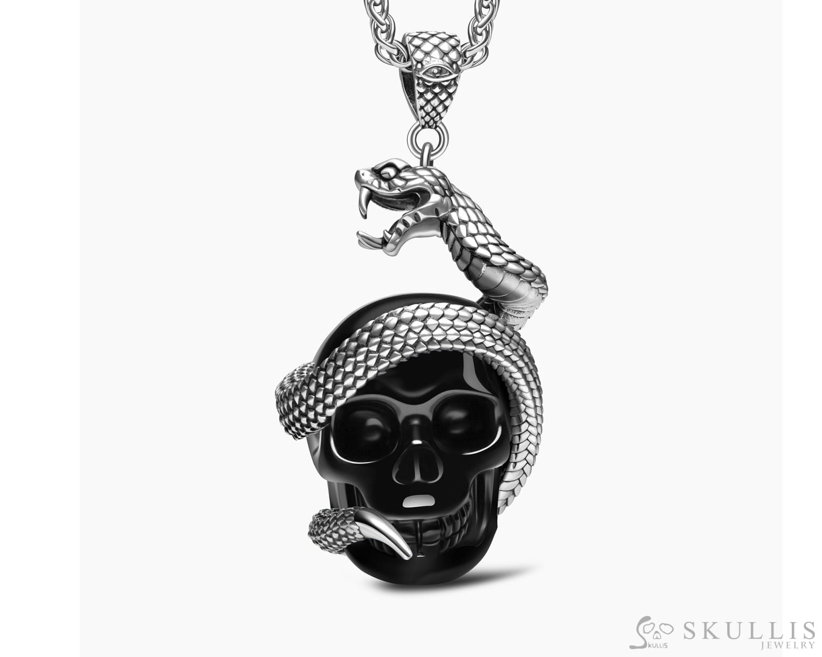 Gem Skull Pendant Necklace of Black Obsidian Carved Skull with 925 Sterling Silver Snake Skull Pendants