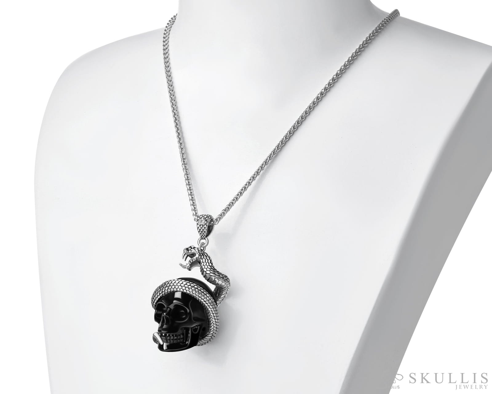 Gem Skull Pendant Necklace of Black Obsidian Carved Skull with 925 Sterling Silver Snake Skull Pendants