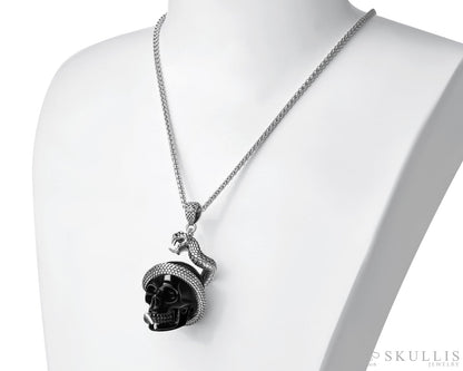 Gem Skull Pendant Necklace of Black Obsidian Carved Skull with 925 Sterling Silver Snake Skull Pendants