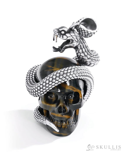 Gem Skull Pendant Necklace of Blue & Gold Tiger’s Eye Carved snake Skull with 925 Sterling Silver Skull Pendants
