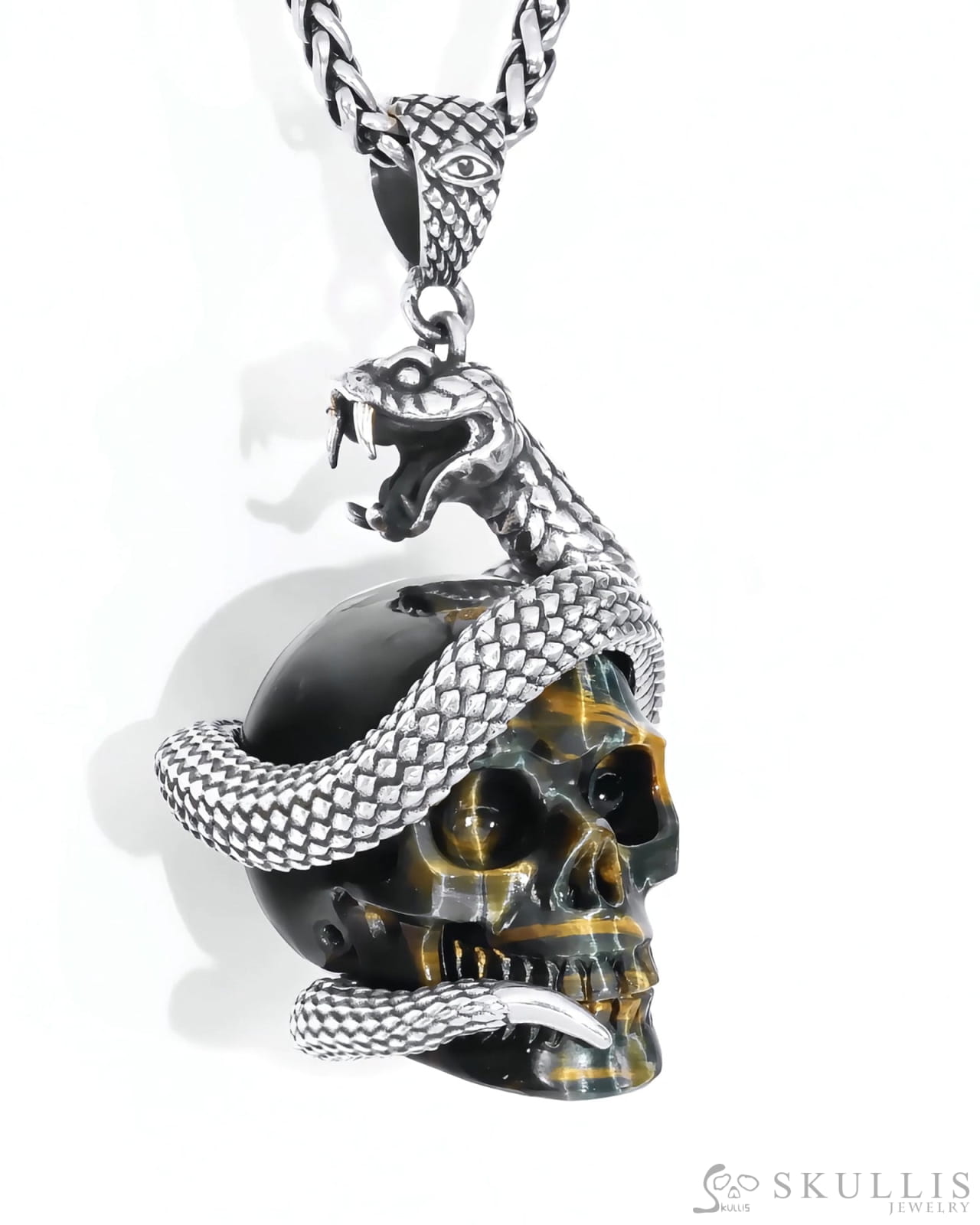 Gem Skull Pendant Necklace of Blue & Gold Tiger’s Eye Carved snake Skull with 925 Sterling Silver Skull Pendants