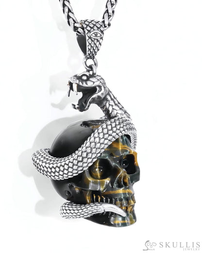 Gem Skull Pendant Necklace of Blue & Gold Tiger’s Eye Carved snake Skull with 925 Sterling Silver Skull Pendants