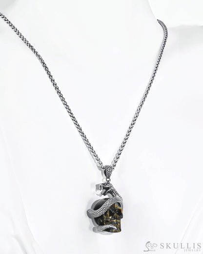 Gem Skull Pendant Necklace of Blue & Gold Tiger’s Eye Carved snake Skull with 925 Sterling Silver Skull Pendants