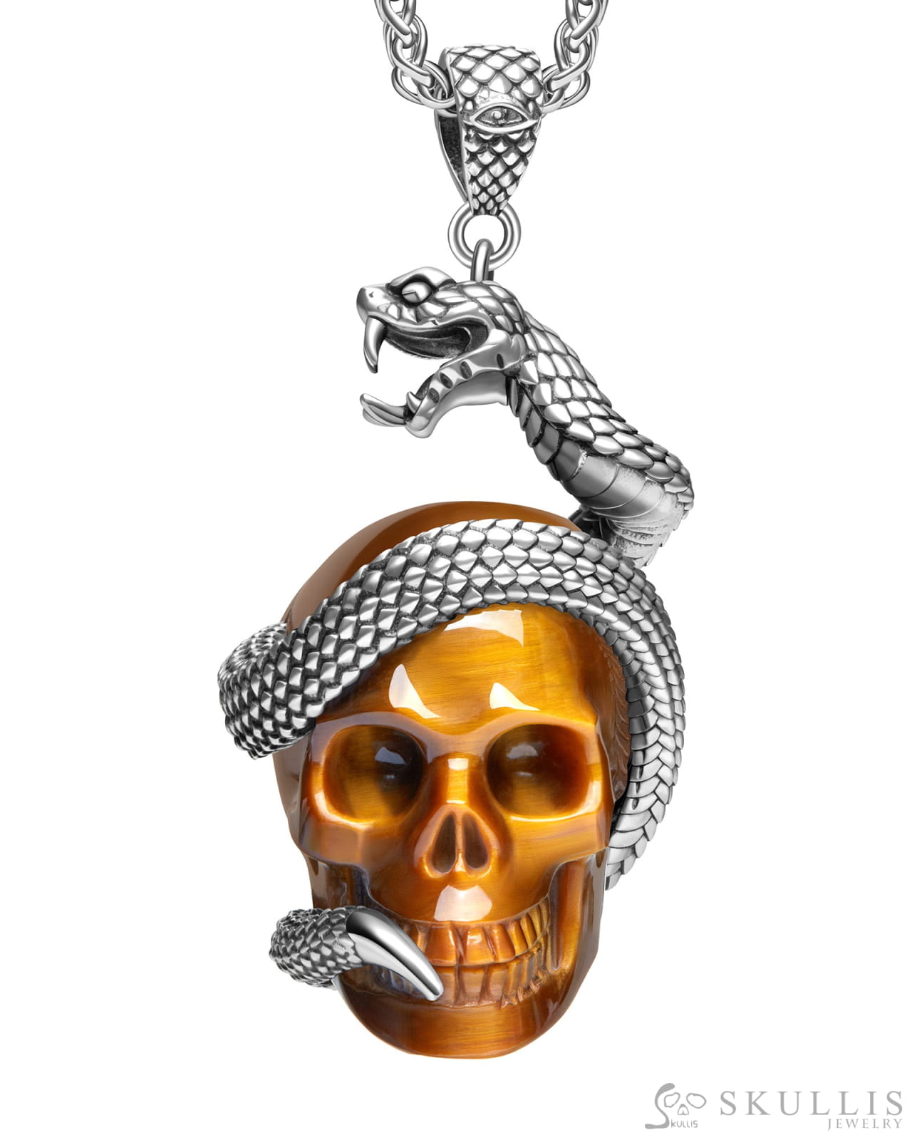 Gem Skull Pendant Necklace of Gold Tiger’s Eye Crystal Carved Skull with 925 Sterling Silver Snake Skull Pendants