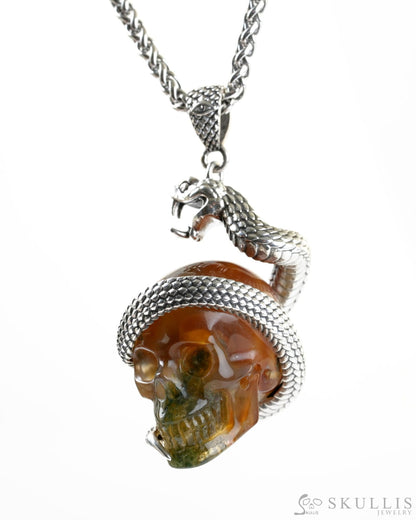 Gem Skull Pendant Necklace of Green Moss Agate Carved Skull with 925 Sterling Silver Snake for Women & Men - 9800337
