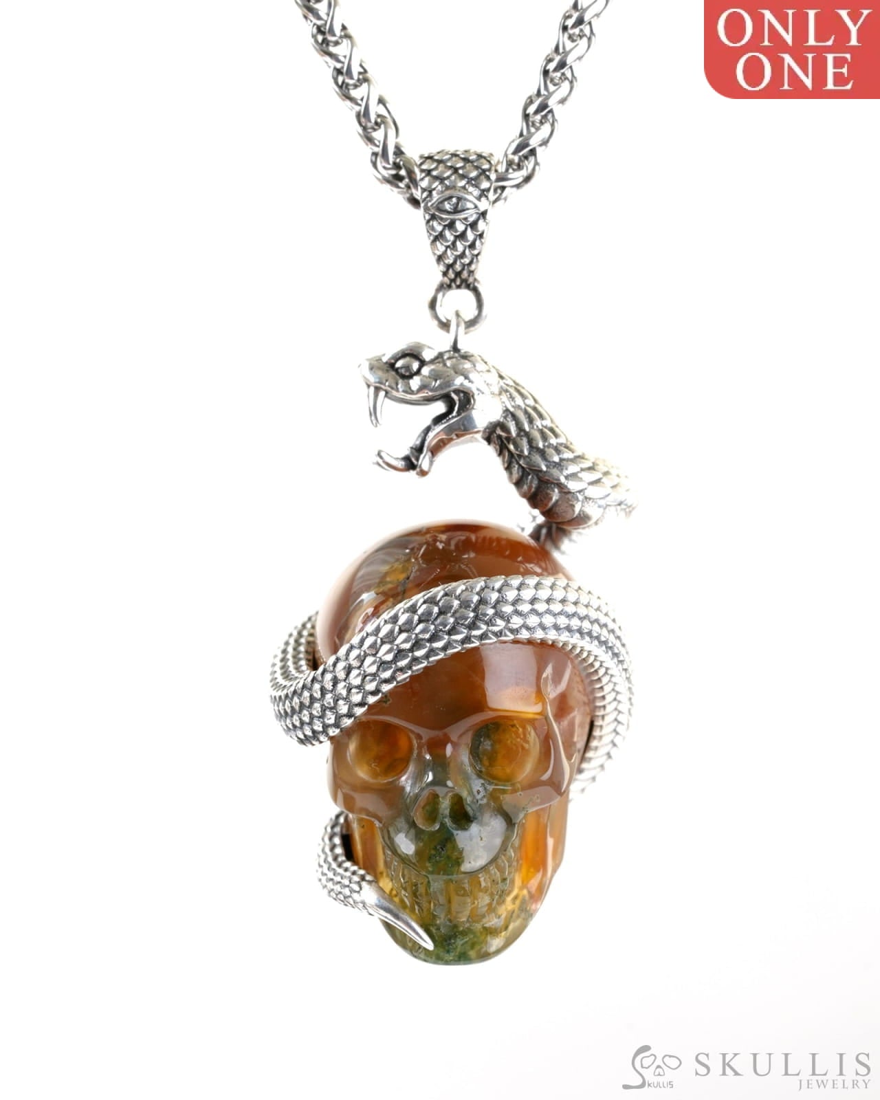 Gem Skull Pendant Necklace of Green Moss Agate Carved Skull with 925 Sterling Silver Snake for Women & Men - 9800337
