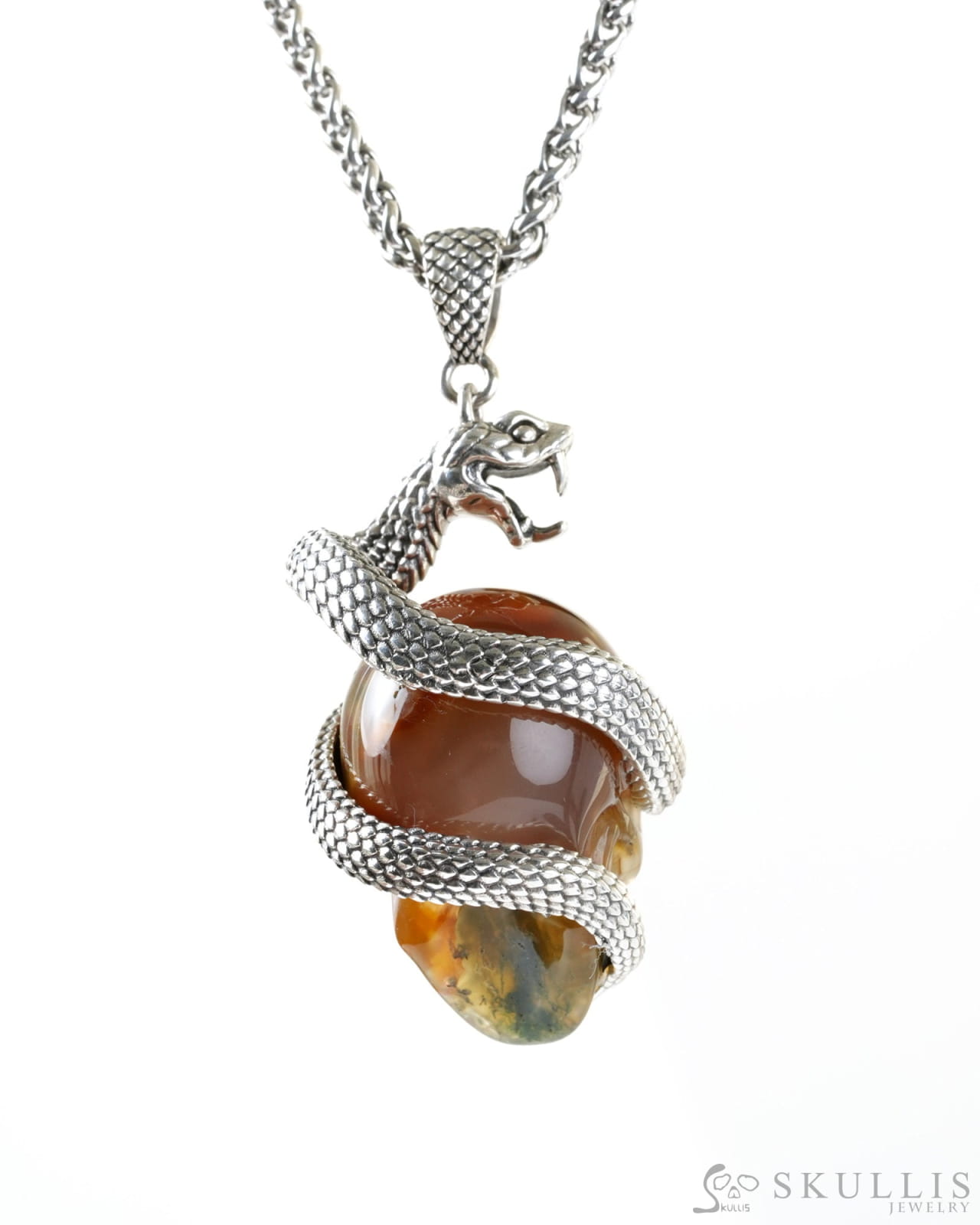 Gem Skull Pendant Necklace of Green Moss Agate Carved Skull with 925 Sterling Silver Snake for Women & Men - 9800337