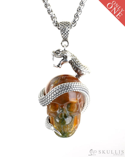 Gem Skull Pendant Necklace of Green Moss Agate Carved Skull with 925 Sterling Silver Snake for Women & Men - 9800337