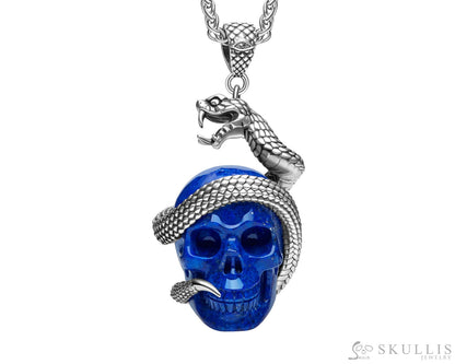 Gem Skull Pendant Necklace of Lapis Lazuli Carved Skull with 925 Sterling Silver Snake Skull Pendants