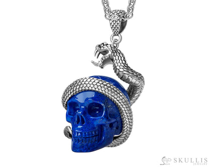 Gem Skull Pendant Necklace of Lapis Lazuli Carved Skull with 925 Sterling Silver Snake Skull Pendants