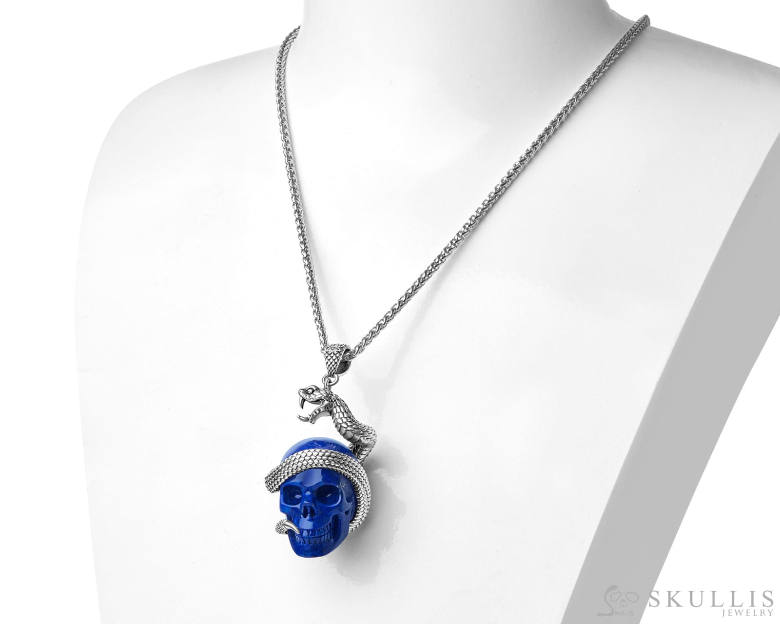 Gem Skull Pendant Necklace of Lapis Lazuli Carved Skull with 925 Sterling Silver Snake Skull Pendants