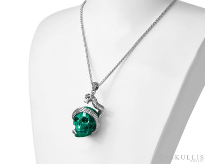 Gem Skull Pendant Necklace of Malachite Carved Skull with 925 Sterling Silver Snake Skull Pendants