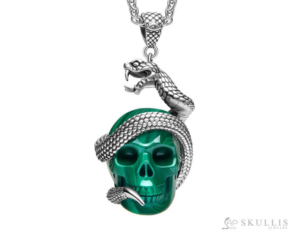 Gem Skull Pendant Necklace of Malachite Carved Skull with 925 Sterling Silver Snake Skull Pendants
