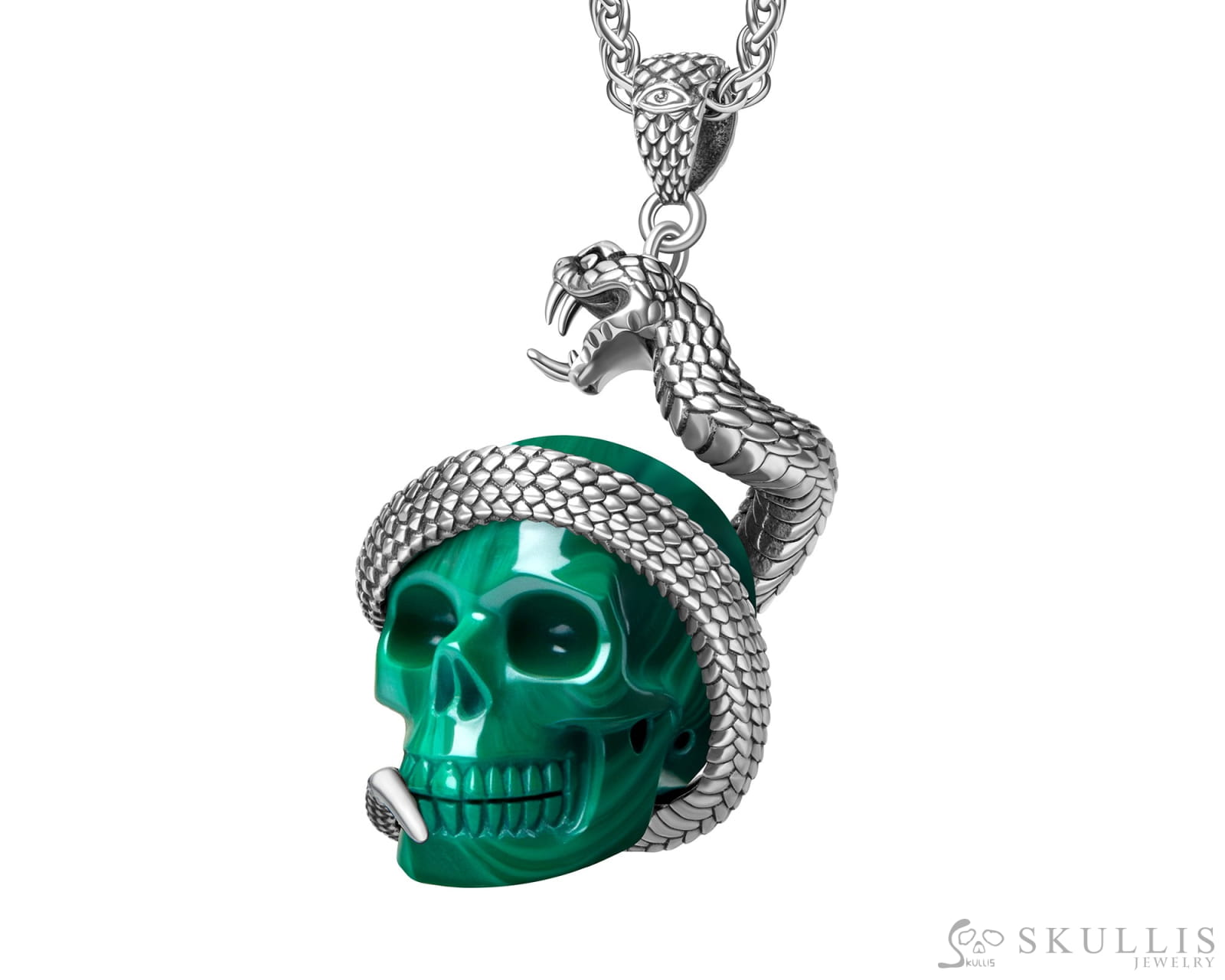 Gem Skull Pendant Necklace of Malachite Carved Skull with 925 Sterling Silver Snake Skull Pendants