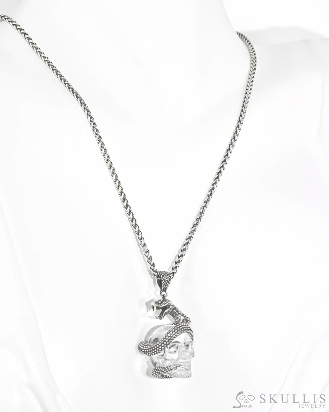 Gem Skull Pendant Necklace of Quartz Rock Crystal Carved Skull with 925 Sterling Silver Snake Skull Pendants