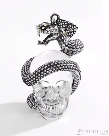 Gem Skull Pendant Necklace of Quartz Rock Crystal Carved Skull with 925 Sterling Silver Snake Skull Pendants