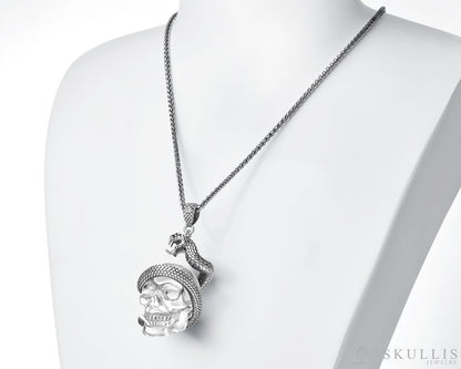 Gem Skull Pendant Necklace of Quartz Rock Crystal Carved Skull with 925 Sterling Silver Snake Skull Pendants
