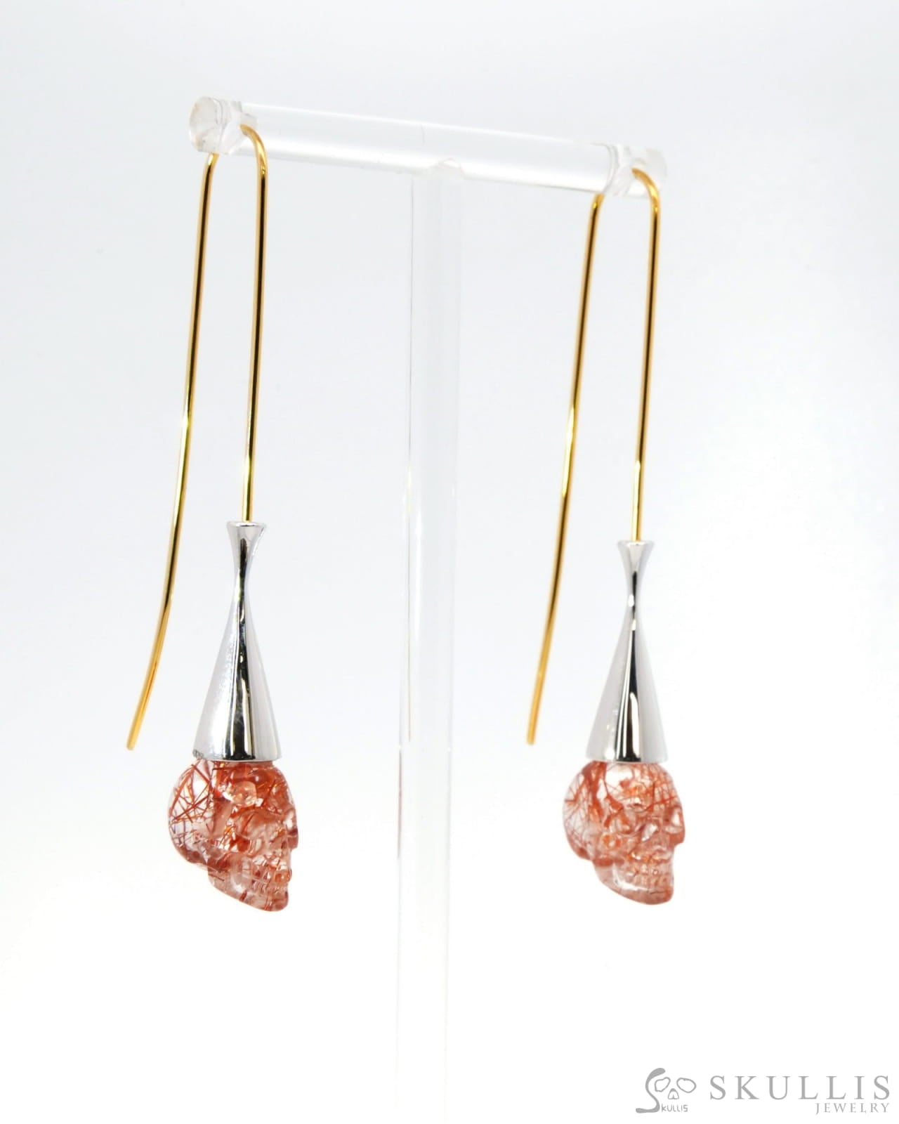 Gem Skull Earrings of Rutilated Quartz Rock Crystal Carved Skull 925 Sterling Silver - 9500195 Skull Earrings