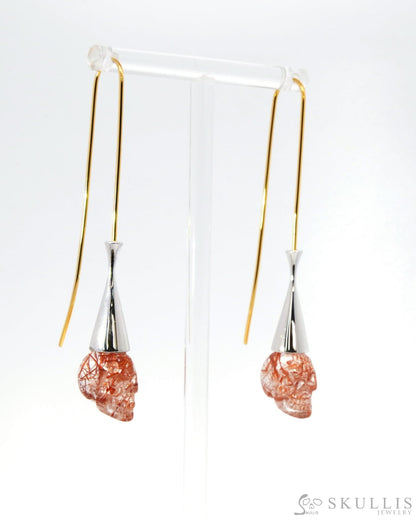 Gem Skull Earrings of Rutilated Quartz Rock Crystal Carved Skull 925 Sterling Silver - 9500195 Skull Earrings