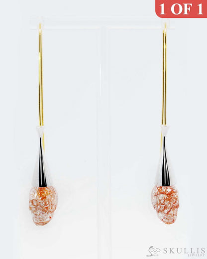 Gem Skull Earrings of Rutilated Quartz Rock Crystal Carved Skull 925 Sterling Silver - 9500195 Skull Earrings