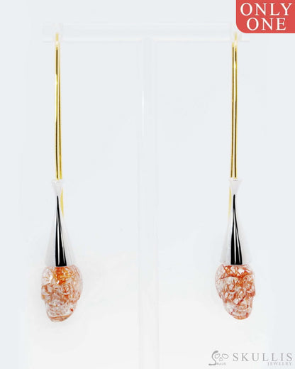 Gem Skull Earrings of Rutilated Quartz Rock Crystal Carved Skull 925 Sterling Silver - 9500195 Skull Earrings