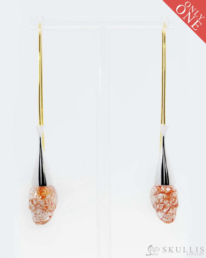 Gem Skull Earrings of Rutilated Quartz Rock Crystal Carved Skull 925 Sterling Silver - 9500195 Skull Earrings