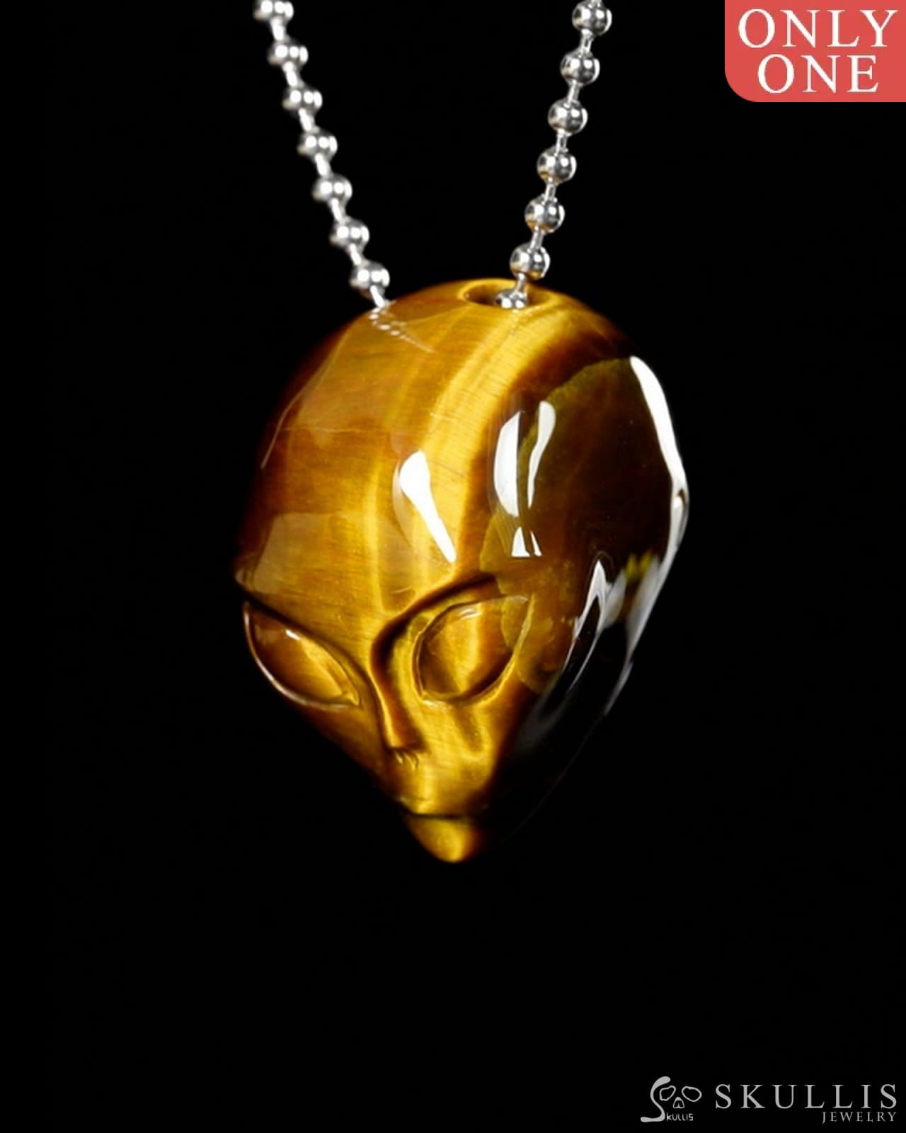 Gem Skull Pendant Necklace of Gold Tiger’s Eye Carved Hollow Alien with 925 Sterling Silver Chain - 9900193 Skull