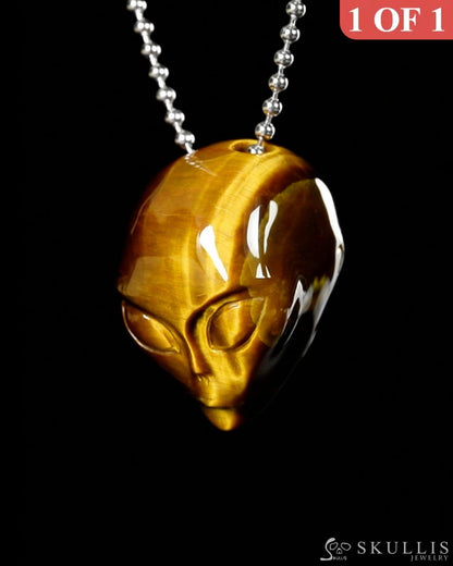 Gem Skull Pendant Necklace of Gold Tiger’s Eye Carved Hollow Alien with 925 Sterling Silver Chain - 9900193 Skull