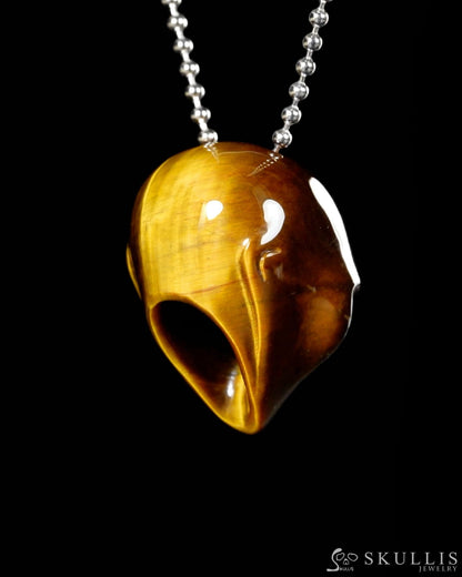 Gem Skull Pendant Necklace of Gold Tiger’s Eye Carved Hollow Alien with 925 Sterling Silver Chain - 9900193 Skull