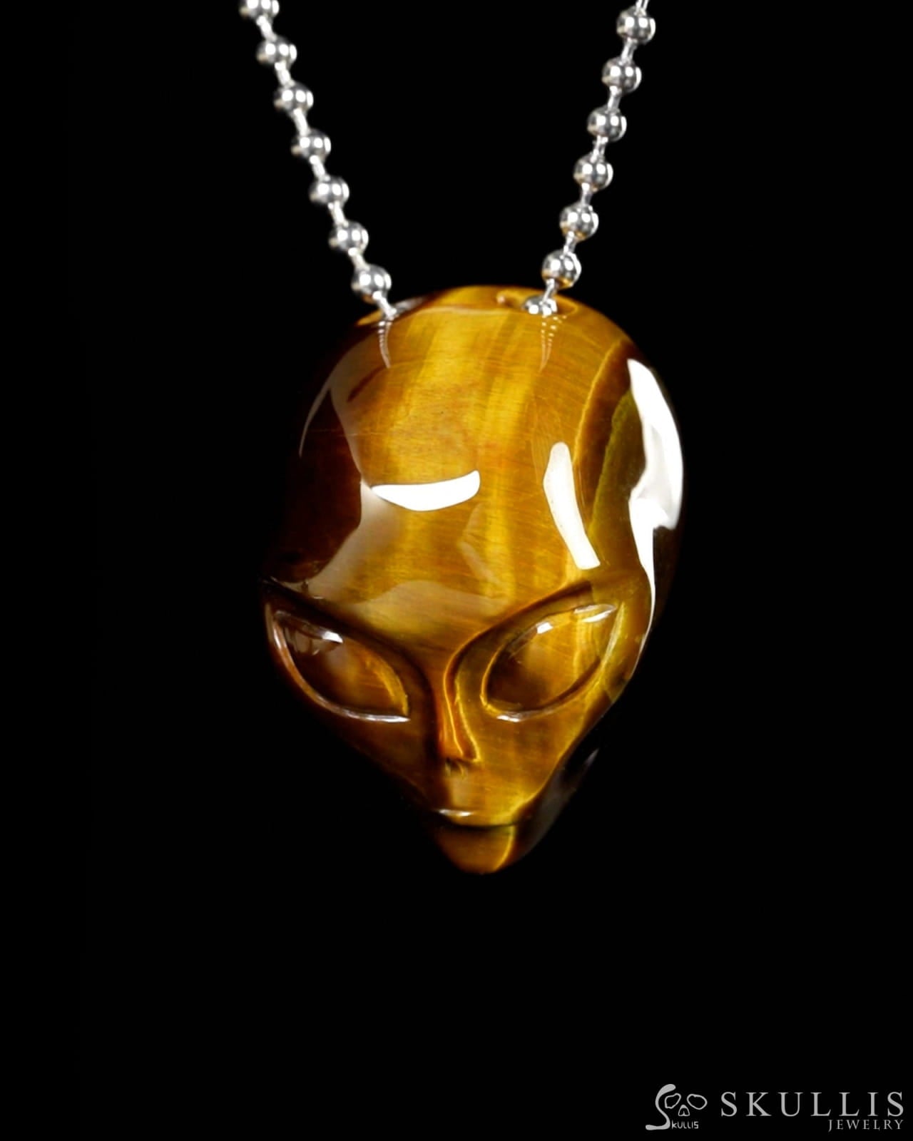 Gem Skull Pendant Necklace of Gold Tiger’s Eye Carved Hollow Alien with 925 Sterling Silver Chain - 9900193 Skull