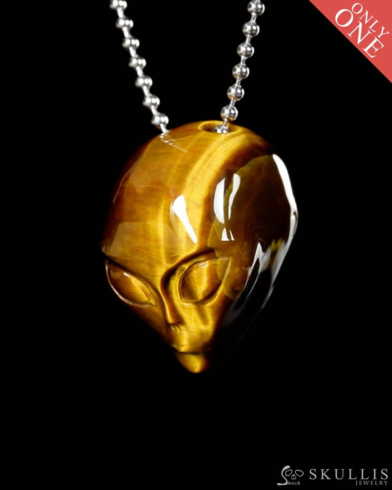 Gem Skull Pendant Necklace of Gold Tiger’s Eye Carved Hollow Alien with 925 Sterling Silver Chain - 9900193 Skull