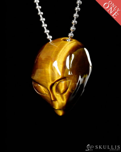 Gem Skull Pendant Necklace of Gold Tiger’s Eye Carved Hollow Alien with 925 Sterling Silver Chain - 9900193 Skull