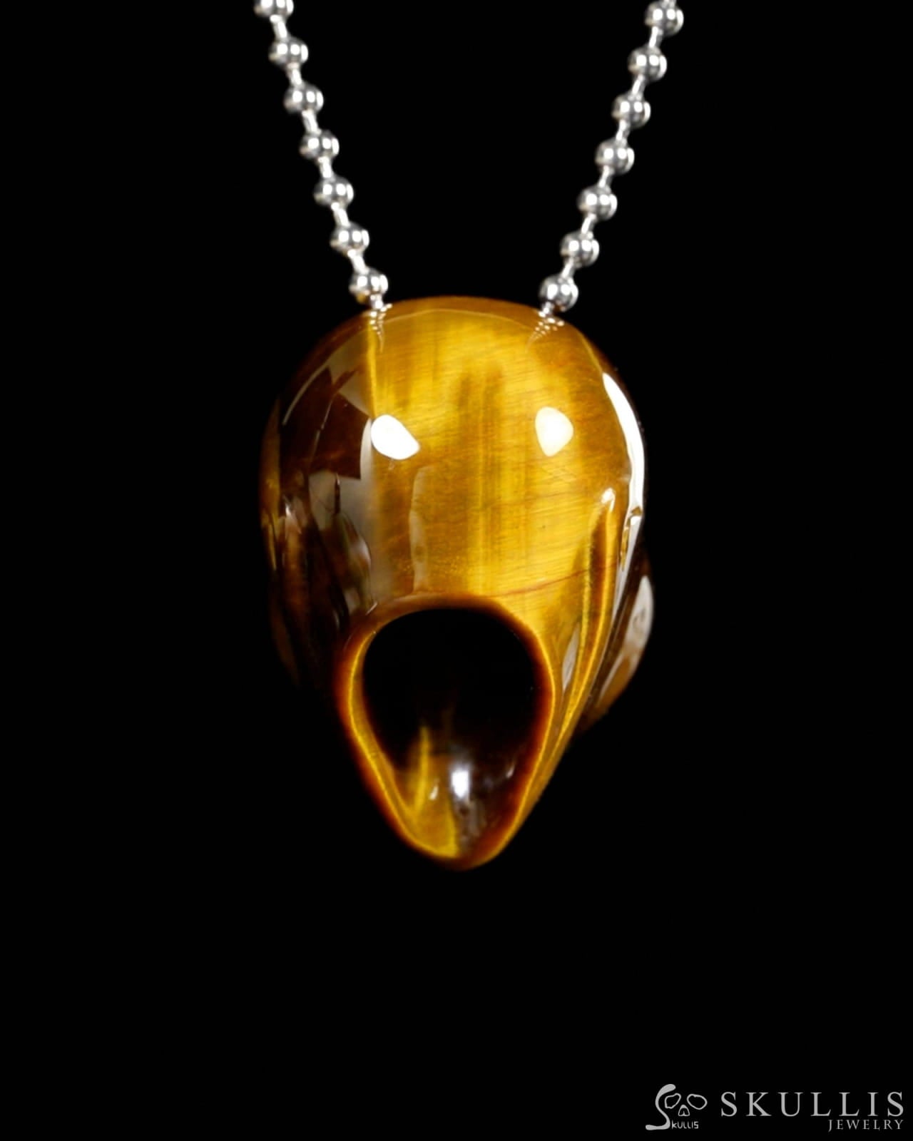 Gem Skull Pendant Necklace of Gold Tiger’s Eye Carved Hollow Alien with 925 Sterling Silver Chain - 9900193 Skull