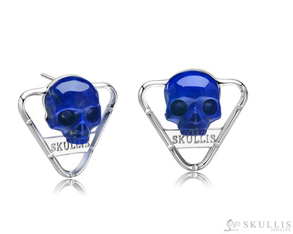 Gem Skull Earrings of Lapis Lazuli Carved Skull in 925 Sterling Silver Skull Earrings