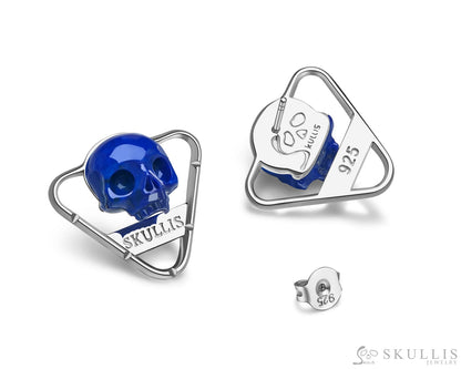 Gem Skull Earrings of Lapis Lazuli Carved Skull in 925 Sterling Silver Skull Earrings