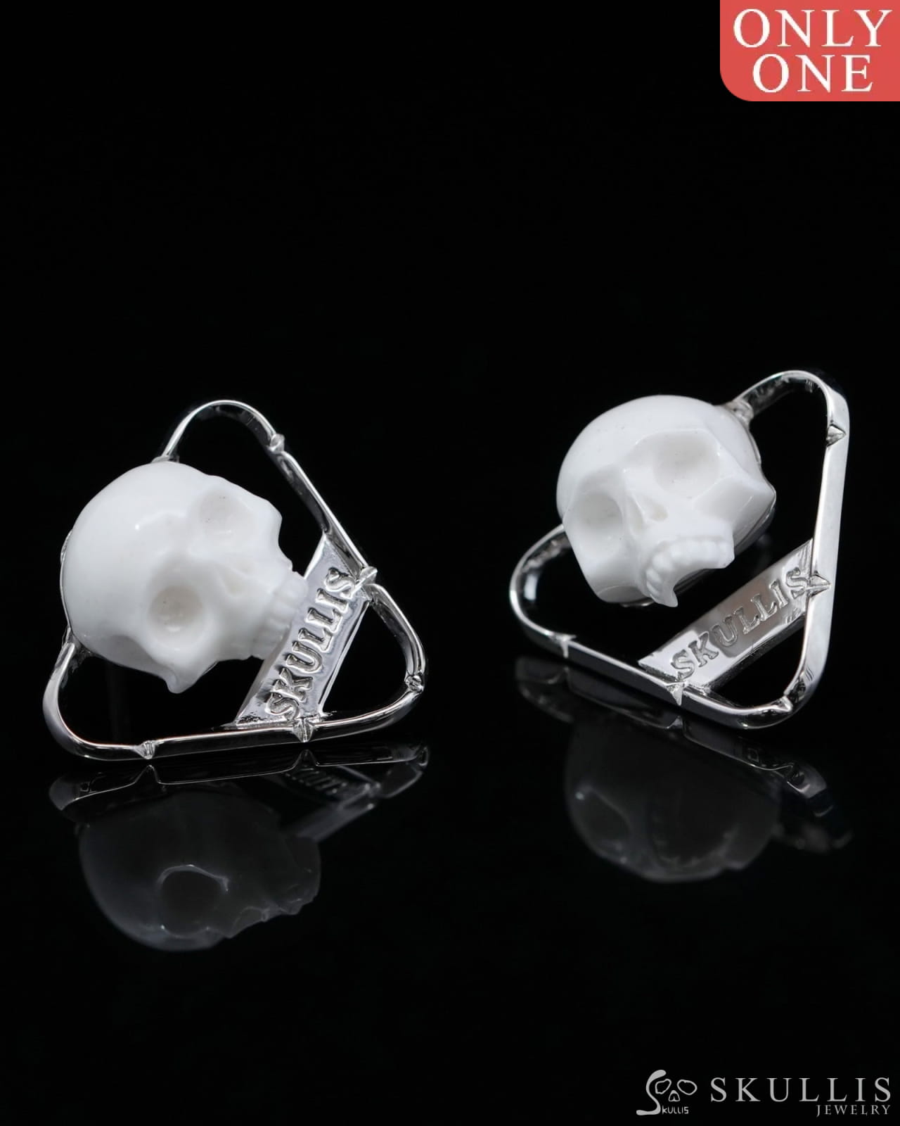 Gem Skull Earrings of White Jasper Carved Skull in 925 Sterling Silver-9500156 One of a Kind