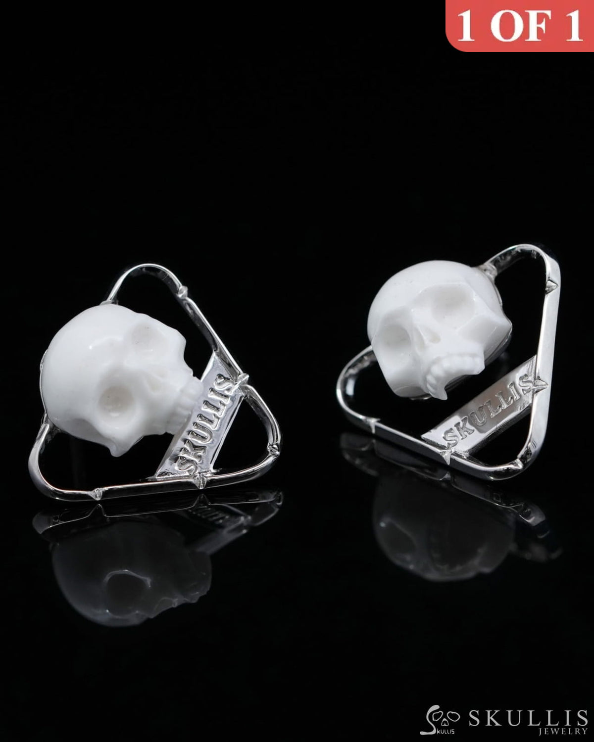 Gem Skull Earrings of White Jasper Carved Skull in 925 Sterling Silver-9500156 One of a Kind