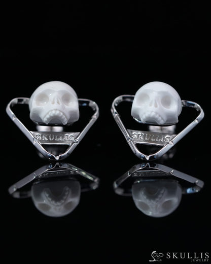 Gem Skull Earrings of White Jasper Carved Skull in 925 Sterling Silver-9800163 One of a Kind