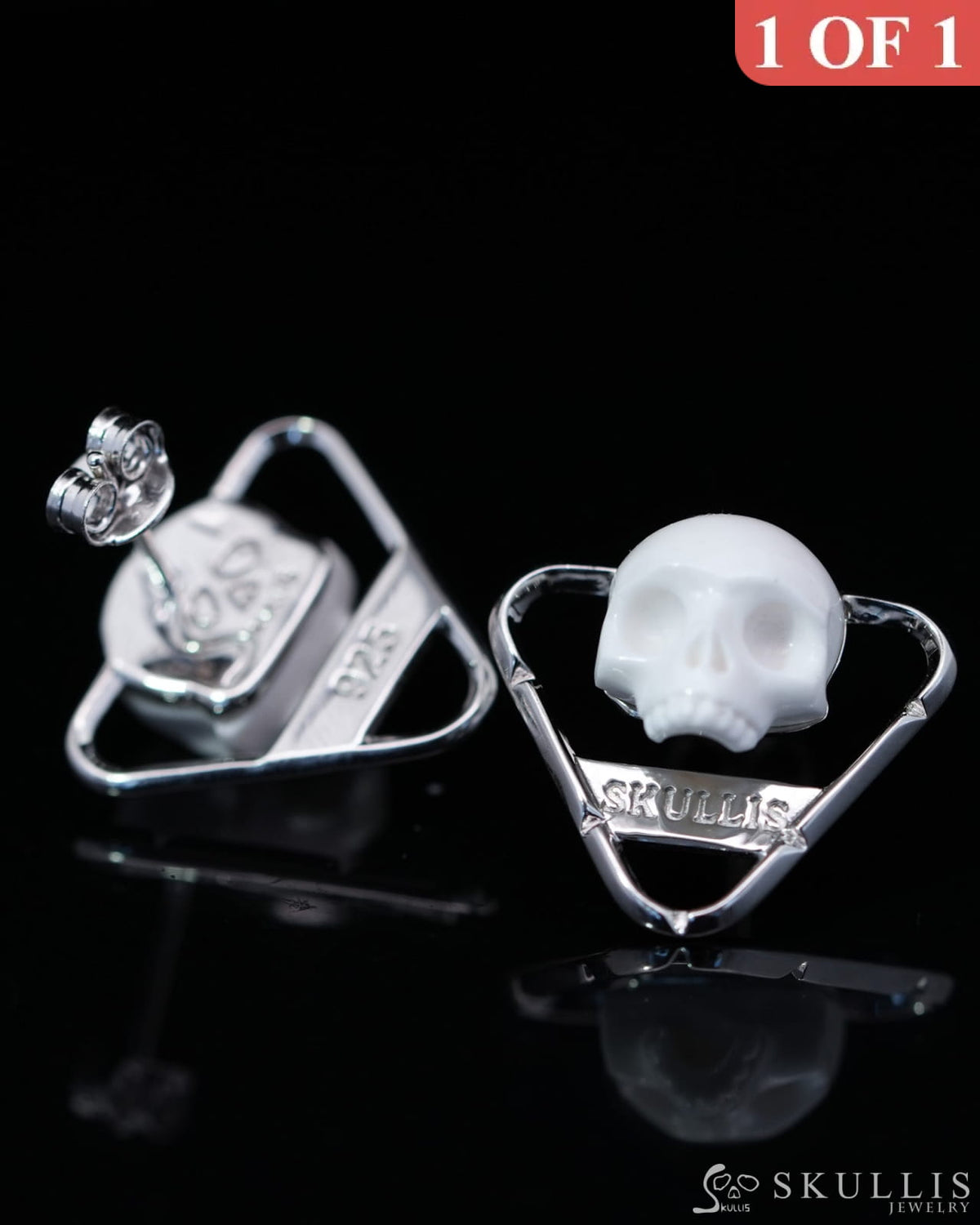 Gem Skull Earrings of White Jasper Carved Skull in 925 Sterling Silver-9800163 One of a Kind