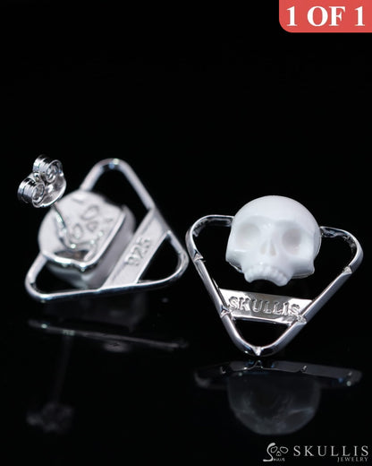 Gem Skull Earrings of White Jasper Carved Skull in 925 Sterling Silver-9800163 One of a Kind