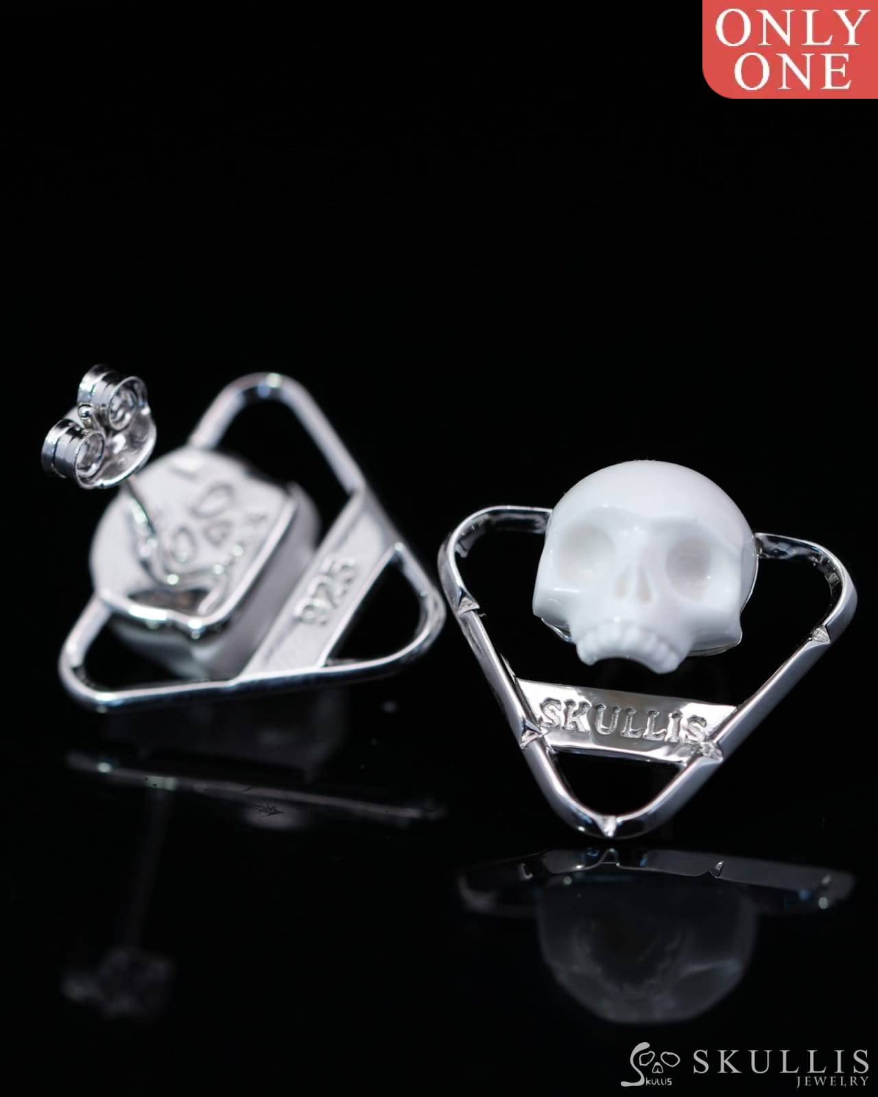Gem Skull Earrings of White Jasper Carved Skull in 925 Sterling Silver-9800163 One of a Kind