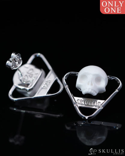 Gem Skull Earrings of White Jasper Carved Skull in 925 Sterling Silver-9800163 One of a Kind